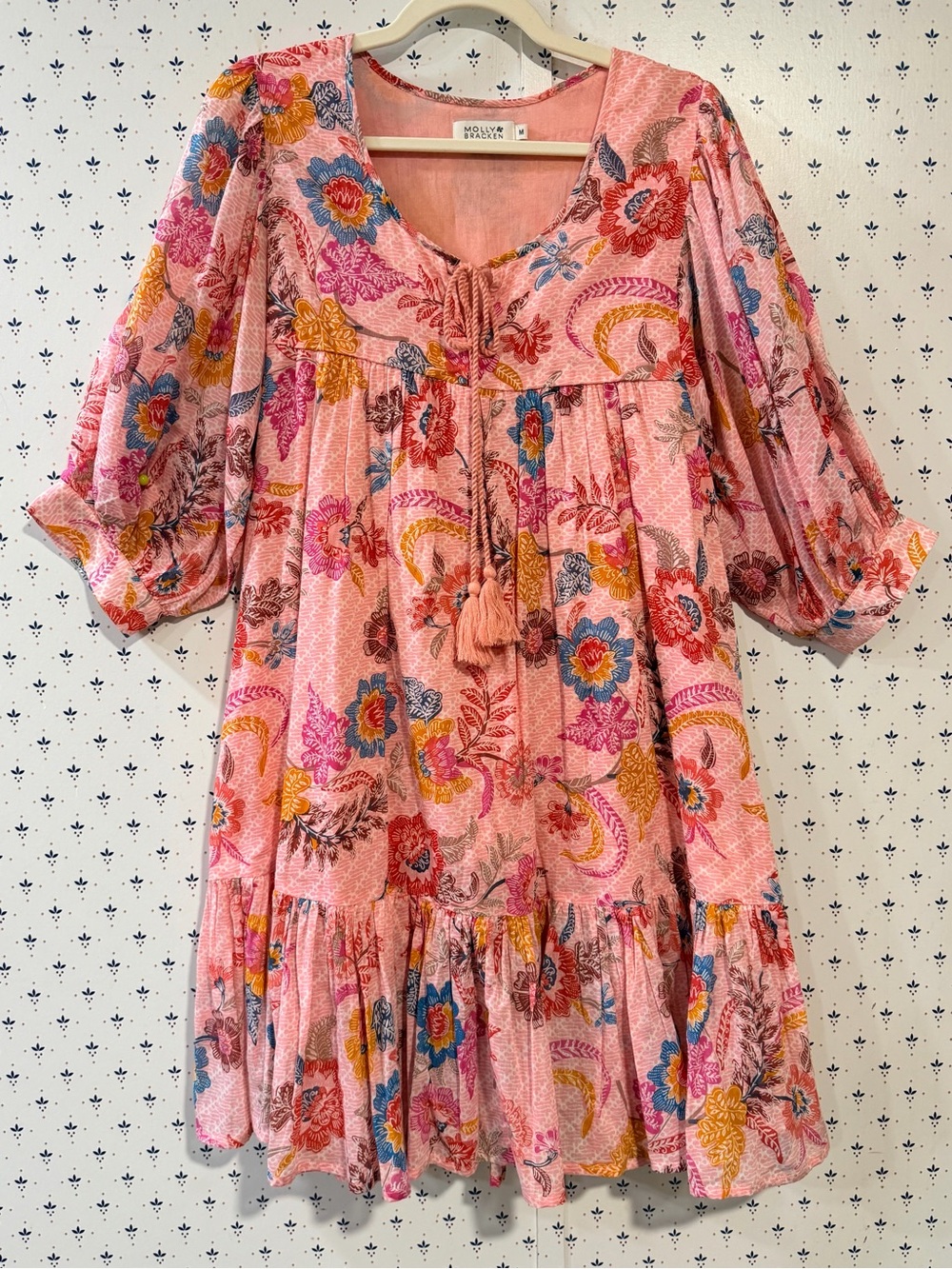 Molly Bracken Pink Floral Cotton Balloon Sleeve Mini Dress - Size M